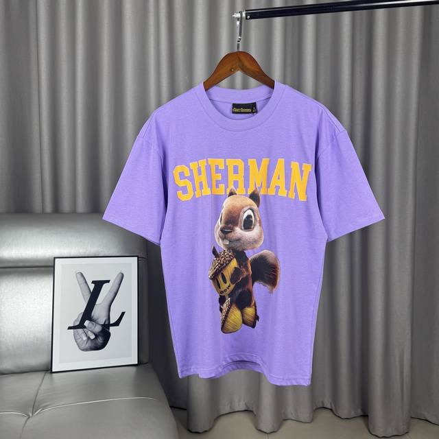 Exclusive taro purple product Smiley face 3D squirrel print round neck pure cott