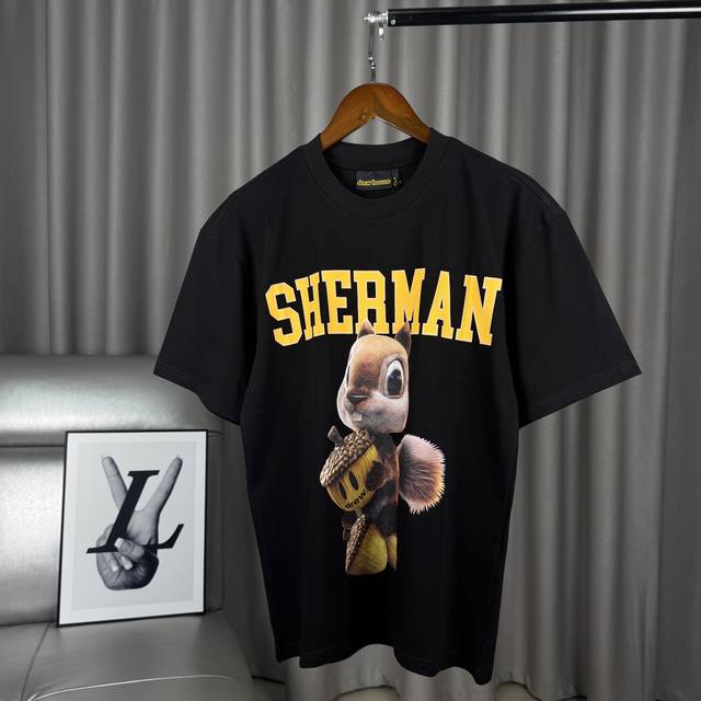 Classic black exclusive product Smiley face 3D squirrel print round neck pure co