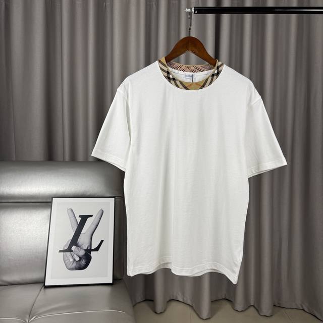 White exclusive product Burberry plaid element collar simple solid color short-s