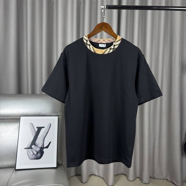Exclusive black product Burberry plaid element collar simple solid color short-s