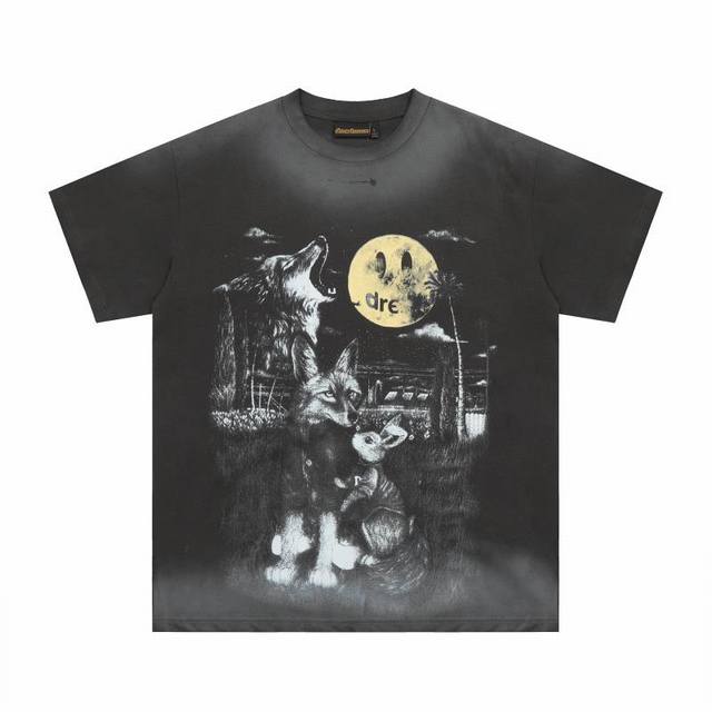 Top version Drew House Hungry Wolf Full Moon Distressed Smiley Face Print Short