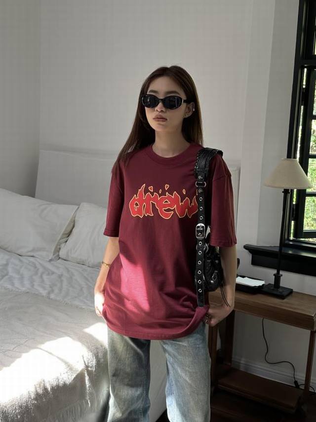 Top version Drew House Smiley Face Latest Burgundy Letters Flame Printed Short S