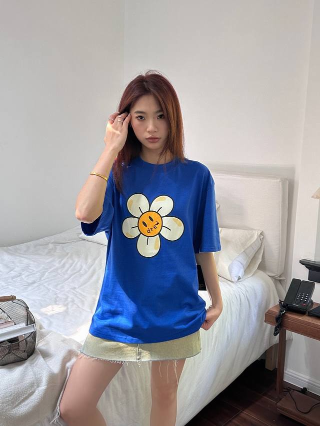 Top version Drew House new petal smiley face print short-sleeved T-shirt loose v