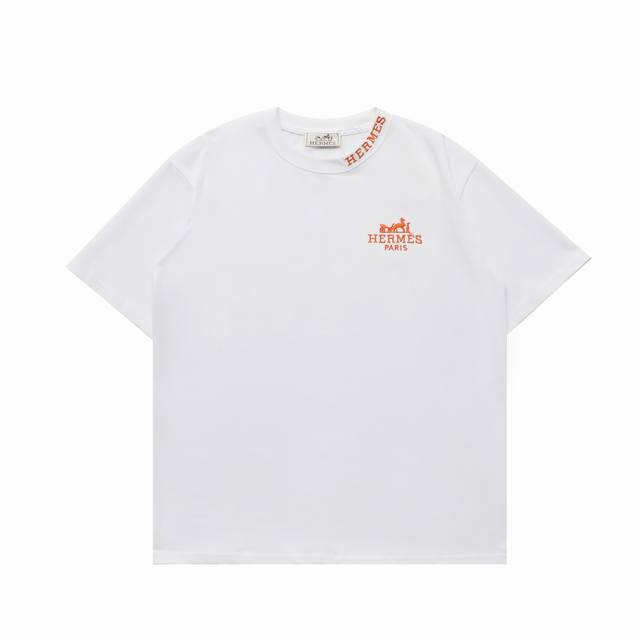 Top replica version Hermes new collar embroidered logo casual round neck short-s