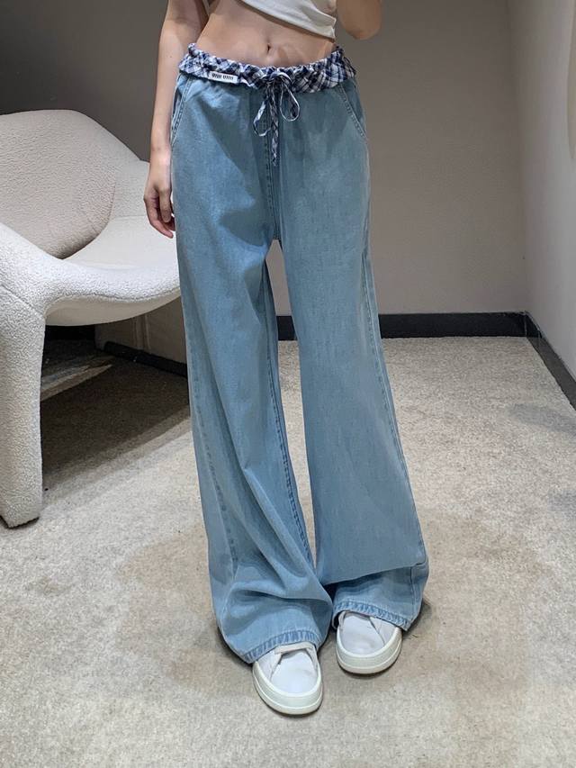 New Arrival Miumi* Miu Miu Drawstring Plaid Lace Denim Pants High-waisted wide-l