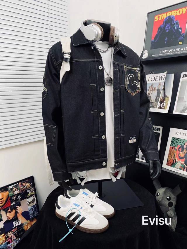 Evisu Fukushin multi-pocket heavy embroidery retro denim jacket, same style for