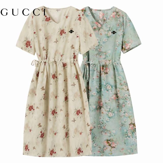 2025 Summer! Gucci French bee floral V-neck chiffon dress, goddess style My dear