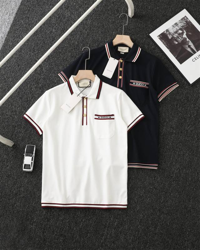 for top-level replica Gucci 2025Ss new striped pocket Logo embroidered Polo shir