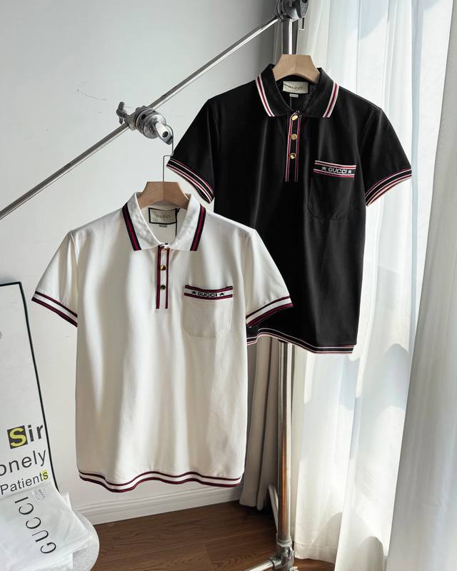 for top-level replica Gucci 2025Ss new striped pocket Logo embroidered Polo shir