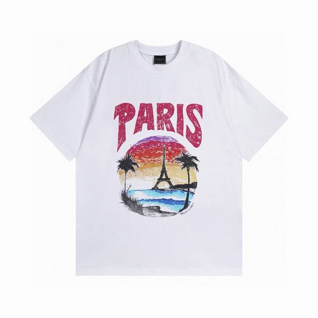 Balenciaga 2025Ss Hawaiian Sunset Coconut Tree Tower Logo Printed Short Sleeve T