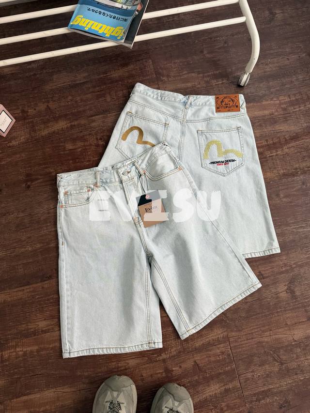 Evisu Fushen 2 Spring new men's heavy-duty large M embroidered denim shorts Heav