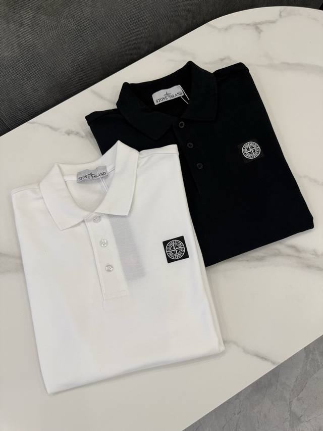 Stone Island Classic Patch Logo Casual Black and White Basic Polo Shirt Made of