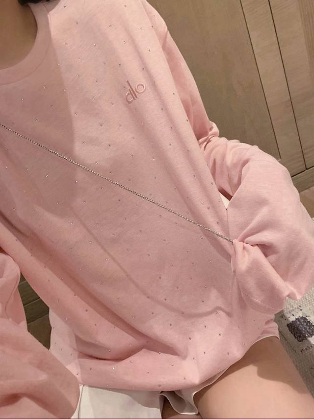 Alo letter embroidery hot diamond round neck long-sleeved sunscreen T-shirt with