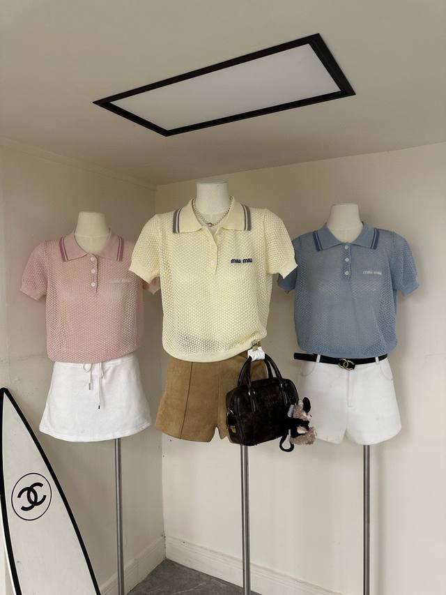 Miumiu Miu Miu letter jacquard hollow lapel knitted short sleeves Style number: