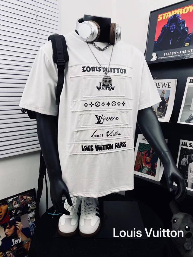 Louis Vuitton donkey patch heavy printing casual short-sleeved T-shirt for men a