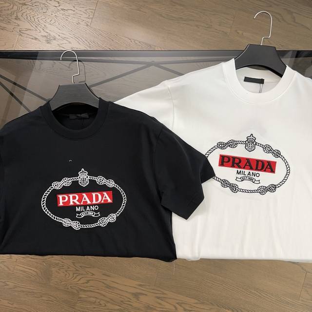 Prada 2025 Summer New Letter Embroidered Logo Short Sleeve T-shirt Classic among