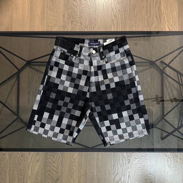 Lv Louis Vuitton 2025 new checkerboard full-print logo denim shorts New heavy-du
