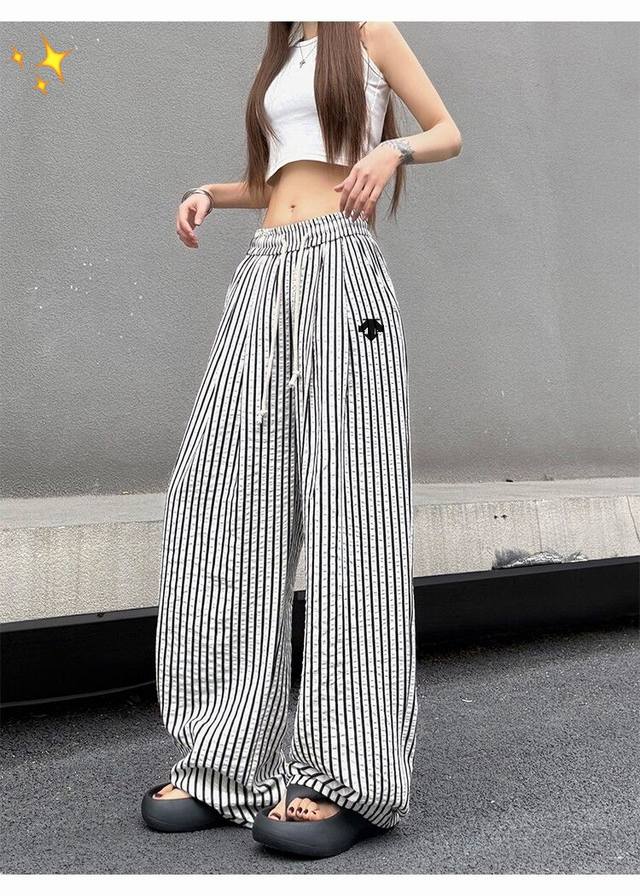 New Descente retro lazy striped wide-leg pants ceiling ~ Classic vertical stripe