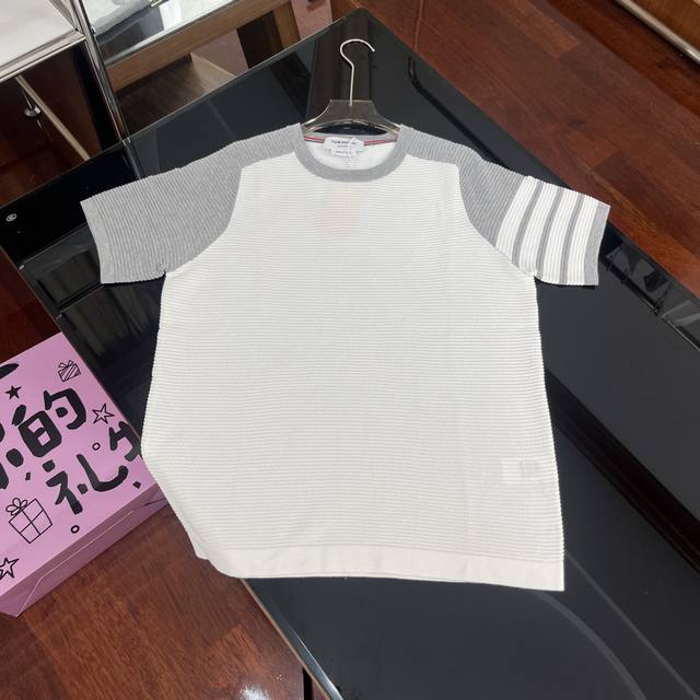 Thom Browne Tb water ripple yarn-dyed round neck pullover summer short-sleeved T