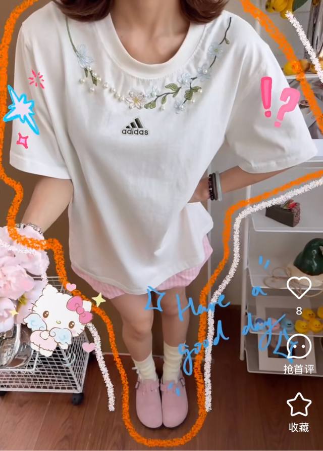 Adidas Adidas pearl + embroidered flower couple short-sleeved loose version T-sh