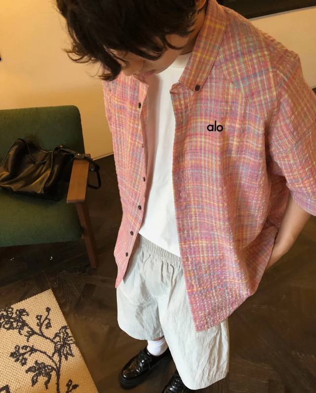 Alo color-woven plaid seersucker loose-fitting short-sleeved shirt for men and w