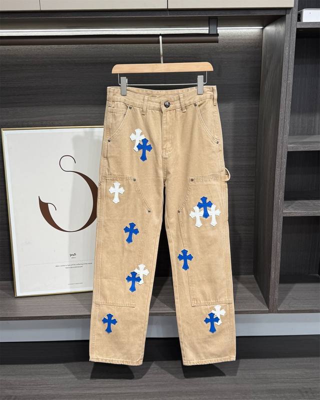 Get in Ch Chromehearts Limited! Blue and white cross-leather work jeans, counter