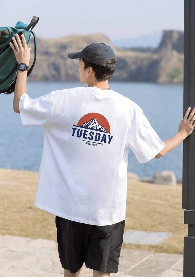 260G heavyweight pure cotton "The North Face Tuesday" snow mountain sunset short