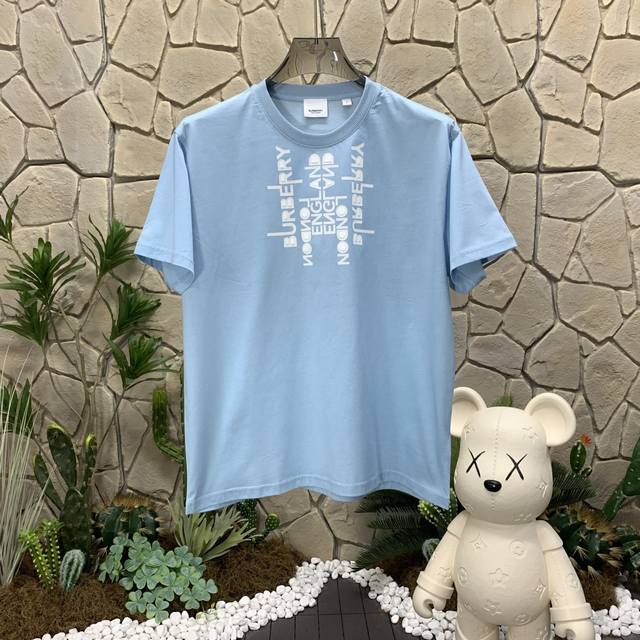 Burberry logo print loose short-sleeved T-shirt for men and women, light blue ,