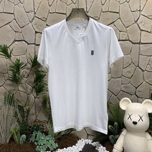 Burberry Burberry solid color logo letter embroidery V-neck short-sleeved regula