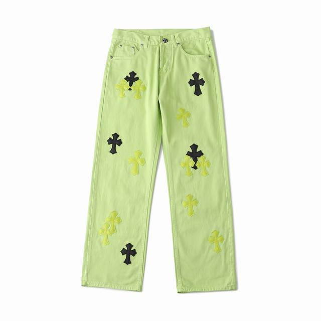 Chrome Hearts 2025 new dopamine avocado green cross-leather couple washed jeans