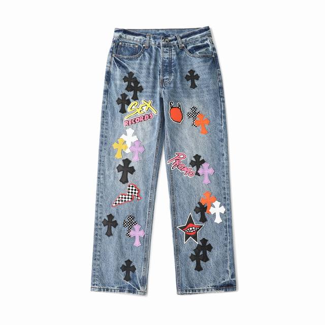 Chrome Heart Blue Bull King Graffiti Multi-color Leather Jeans L*Xiang Same Styl