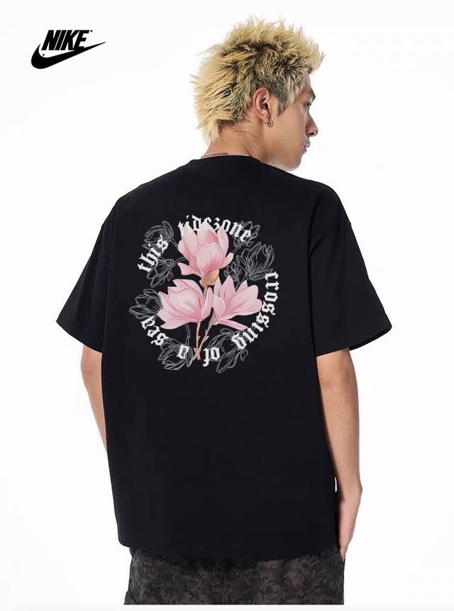 260G Heavy Cotton Nike Nike Nk Pink Flower Line Drawing Letter Short Sleeve T-sh