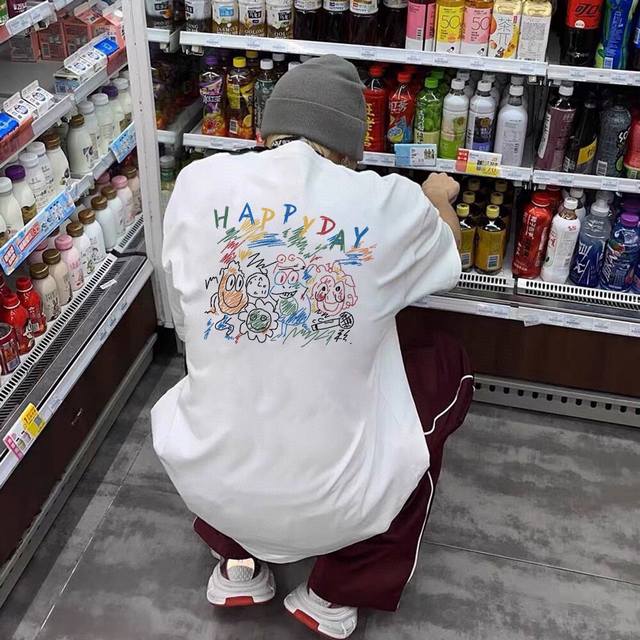 260G heavyweight cotton Nike Nike Nk gorgeous color painted line painting "Happy