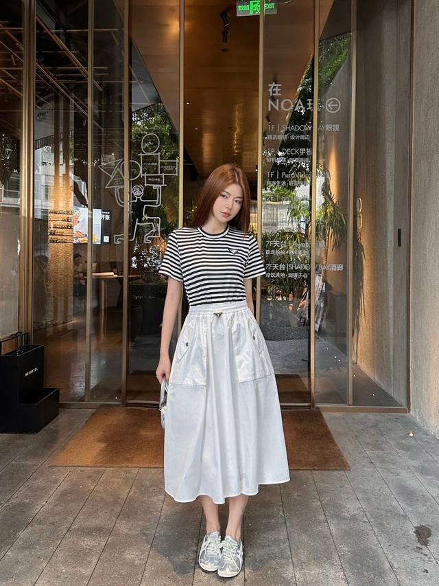 Prada custom letter triangle logo striped stitching round neck short sleeve dres