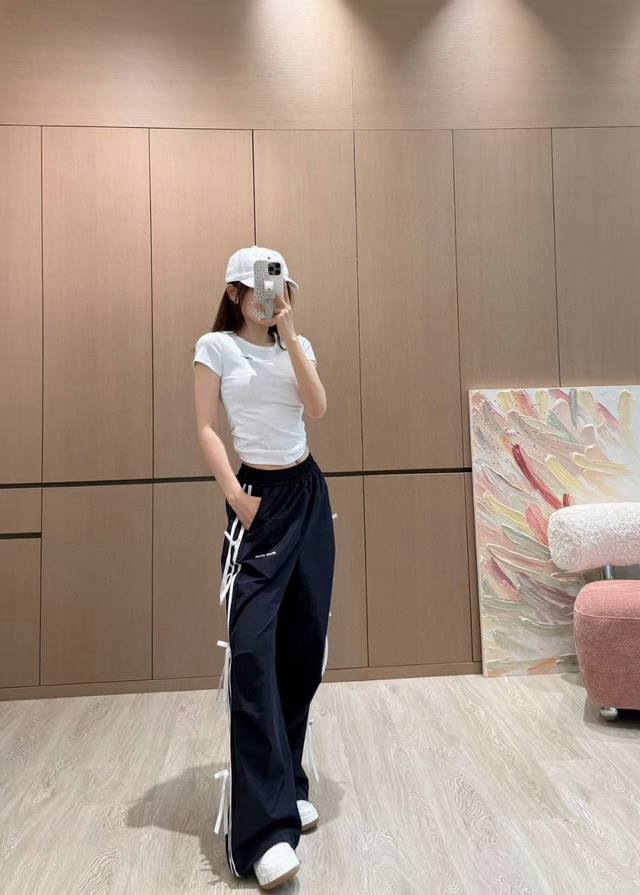Miumiu Miu Miu letter print contrast color ribbon bow elastic waist casual pants