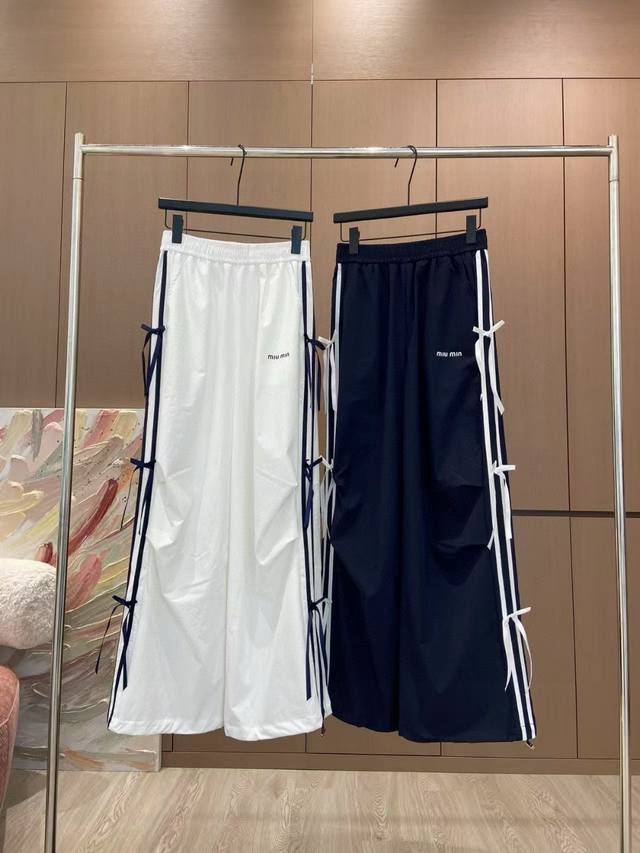 Miumiu Miu Miu letter print contrast color ribbon bow elastic waist casual pants
