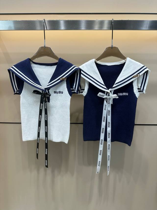 Miumiu Miu Miu letter embroidery navy style lapel knitted vest with bow Style nu
