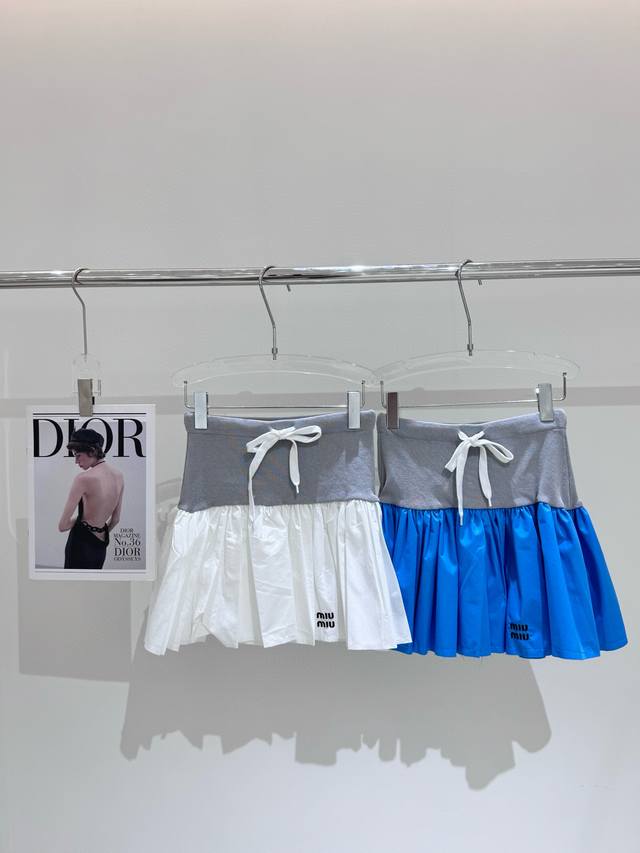Miumiu Miu Miu letter embroidery drawstring knitted patchwork pleated skirt Styl