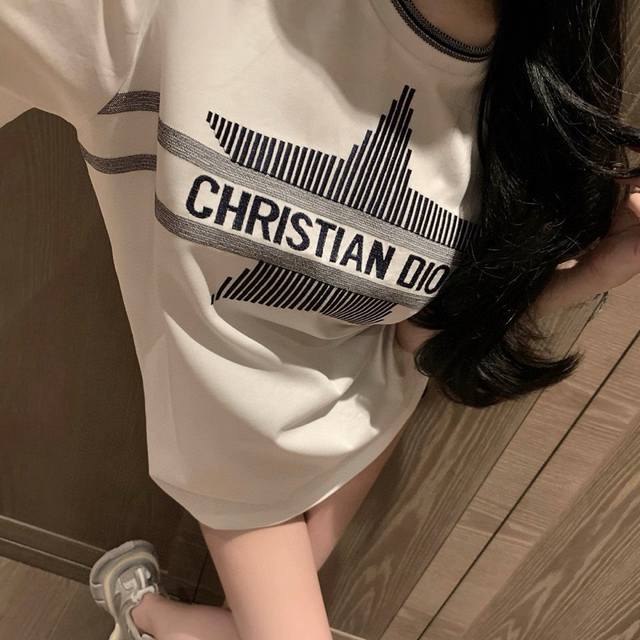 Dior Dior letter vertical stripes five-pointed star heavy embroidery round neck