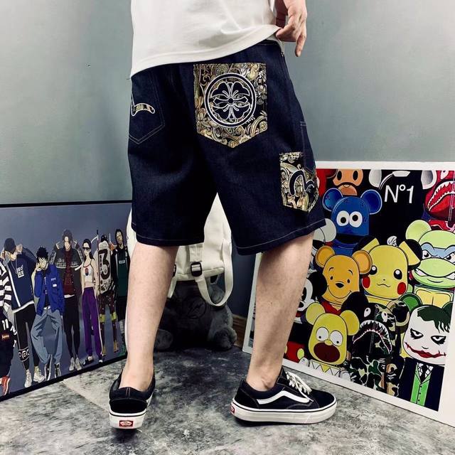 Evisu Fushen Heavy Industry Embroidery Classic Large M Printed Casual Denim Shor