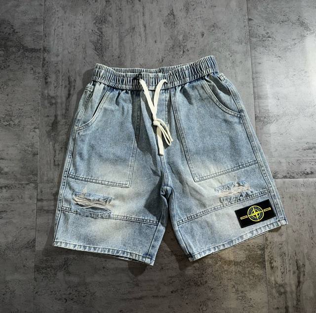 Stone Island denim ripped retro style retro casual couple shorts The fabric is m