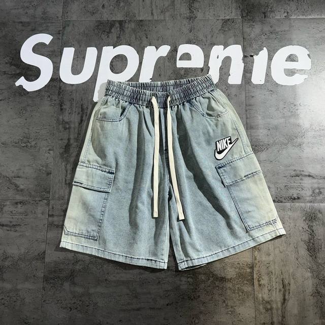 Nike denim gradient designer retro casual couple shorts The fabric is made of de