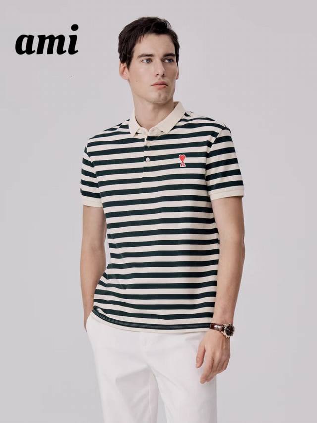 Ami 25Ss summer new mulberry silk striped lapel short-sleeved Polo shirt brings