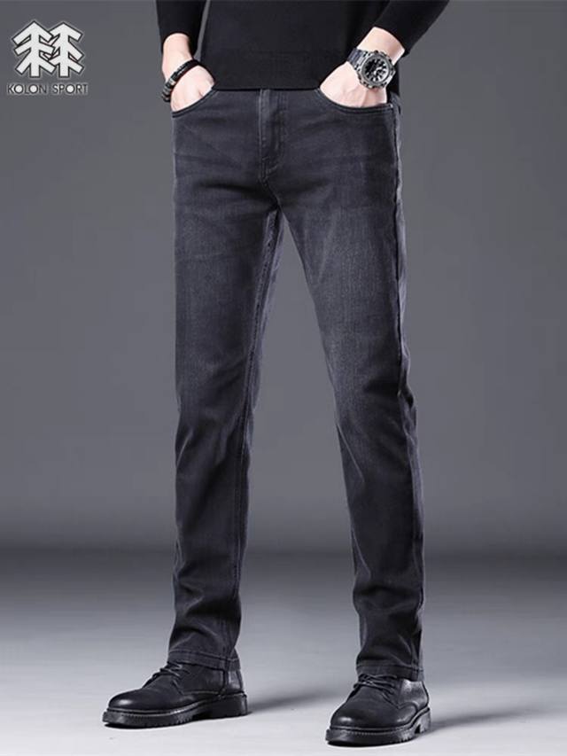 Kolon new A spring men's fashion embroidery washed slightly elastic straight jea