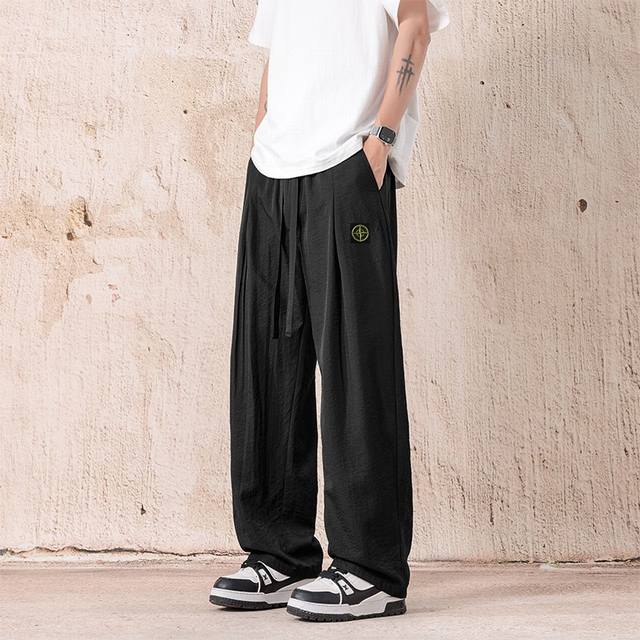 Stone Island new summer solid color casual ice silk pants, versatile mopping pan