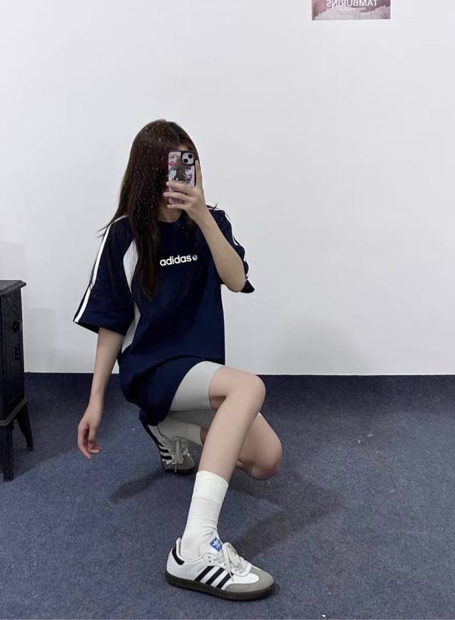 New Adidas Universal Letters Raglan Contrast Color Stitching Ins Neckline Ribbed