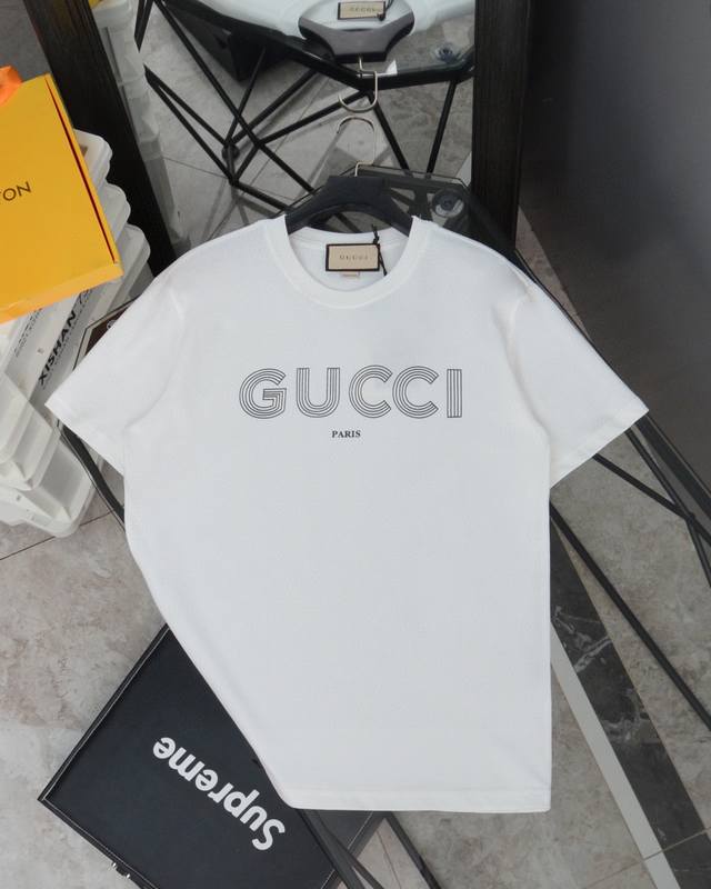 Top replica Gucci sketch letter Logo simple print round neck short-sleeved T-shi