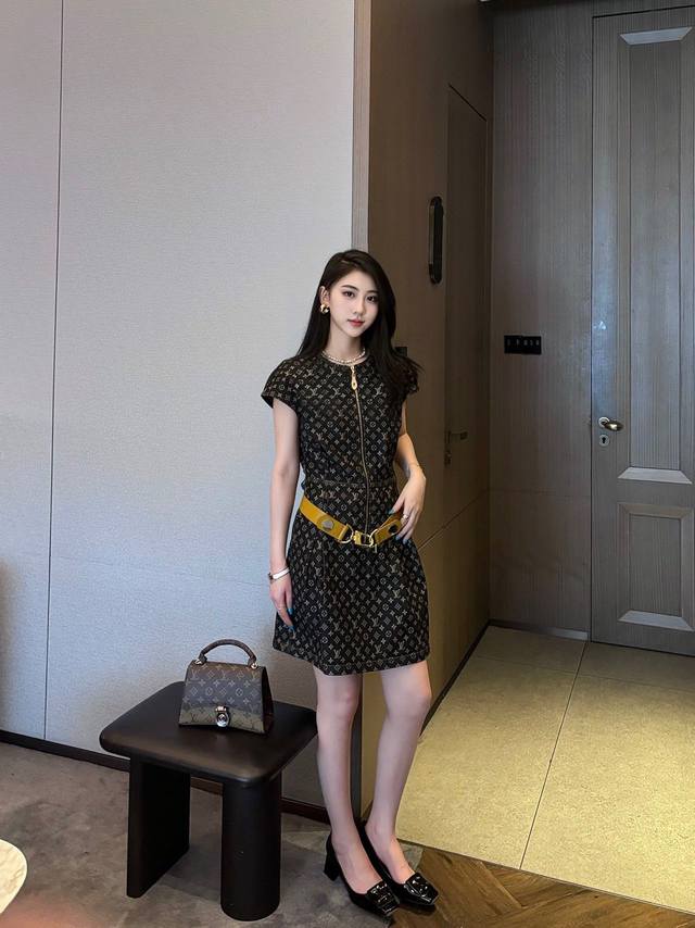 New arrival Louis Vuitto* Donkey 2025 new arrivals Printed jacquard denim dress