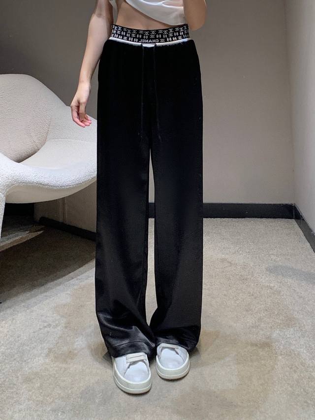 New arrival Chane* Chanel letter ribbon waist drawstring casual wide-leg pants A