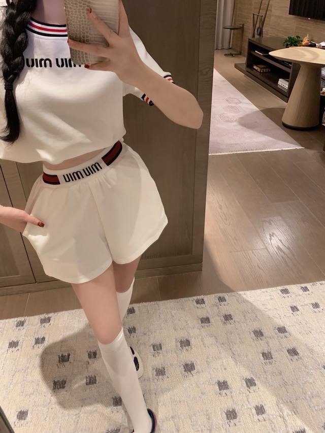 New set Miumi* Miu Miu 25Ss embroidered letters customized ribbed collar short-s